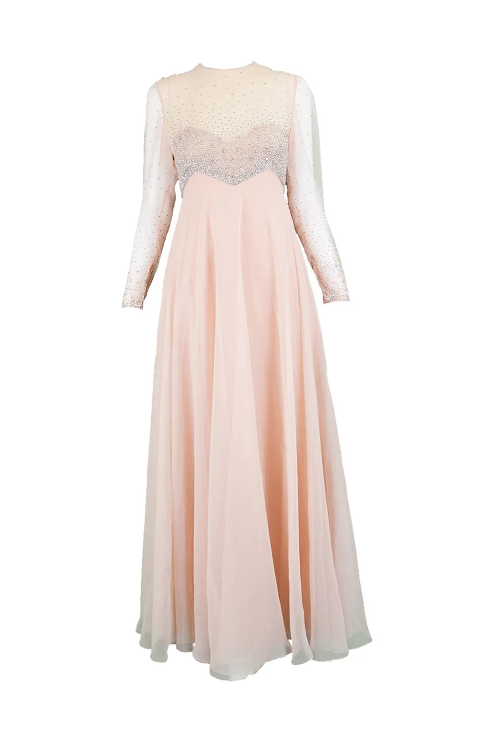 Peach Vintage Chiffon Beaded Evening Gown, 1960s