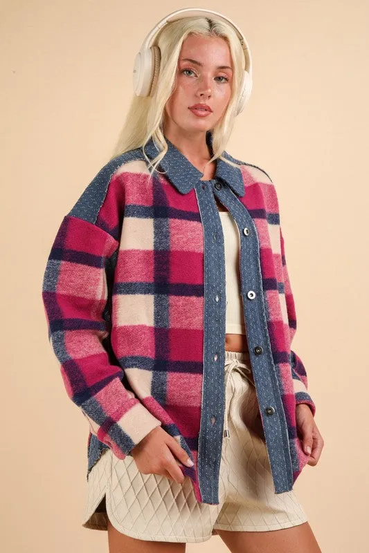 Pink Mix Textured Denim Contrast Plaid Shacket Jacket