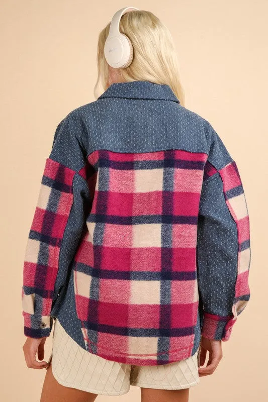 Pink Mix Textured Denim Contrast Plaid Shacket Jacket