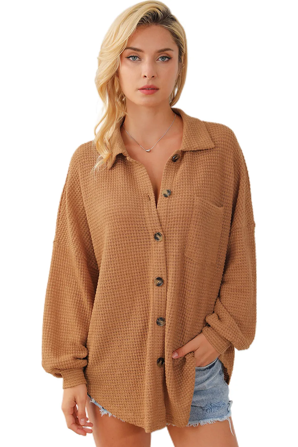Pink Waffle Knit Button Up Casual Shirt