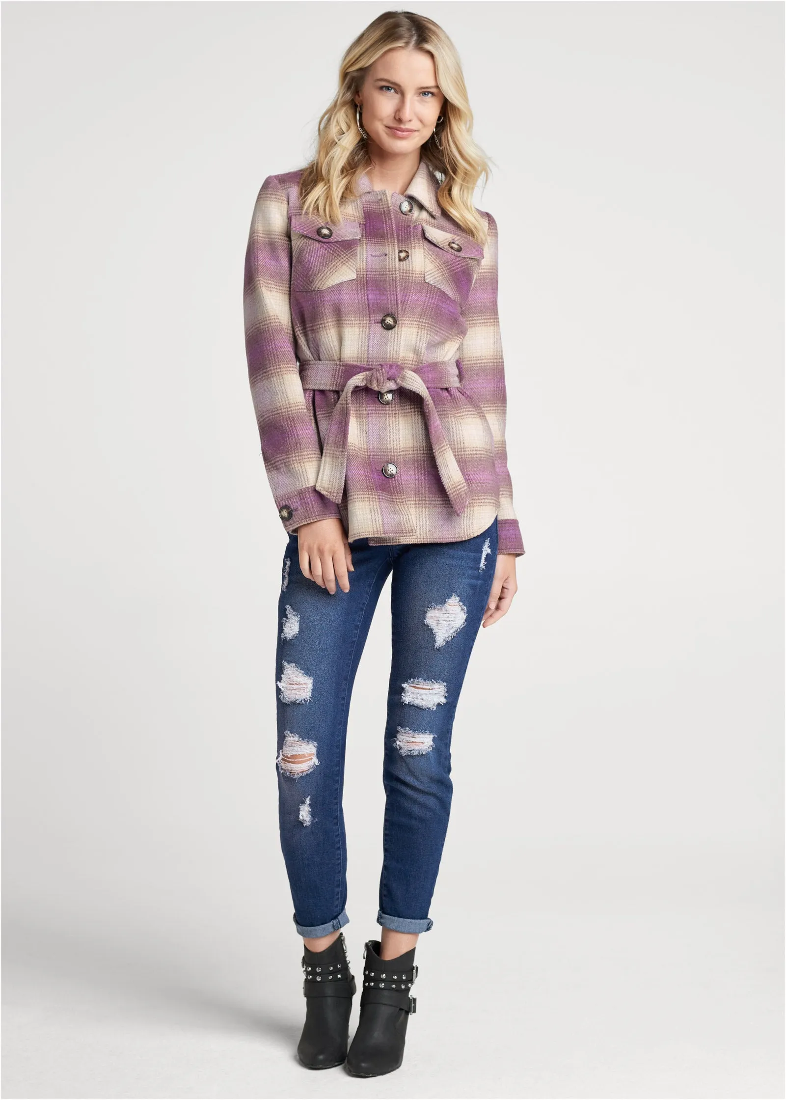 Plaid Shacket With Belt - Purple Multi