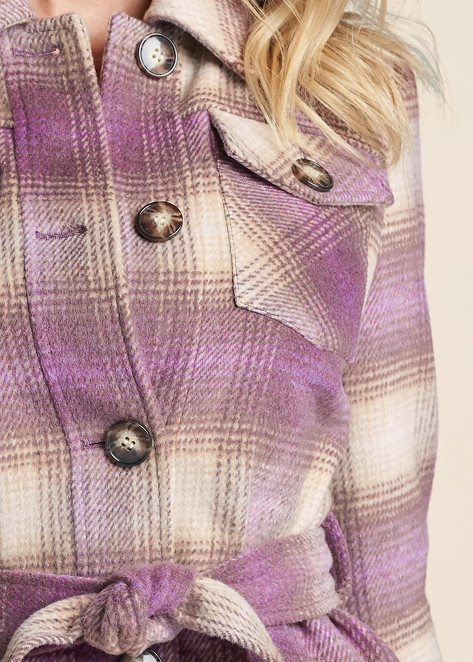 Plaid Shacket With Belt - Purple Multi