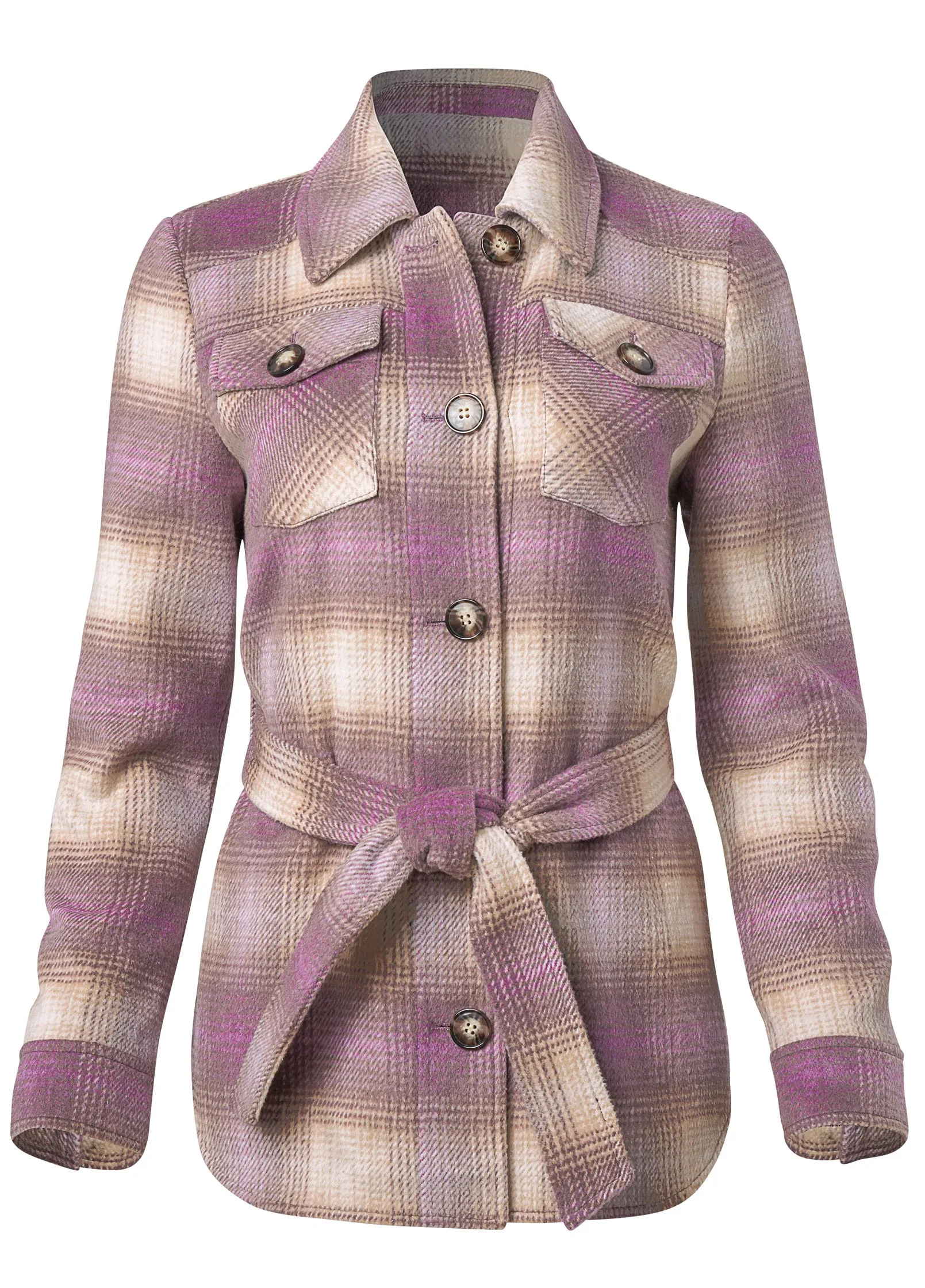 Plaid Shacket With Belt - Purple Multi