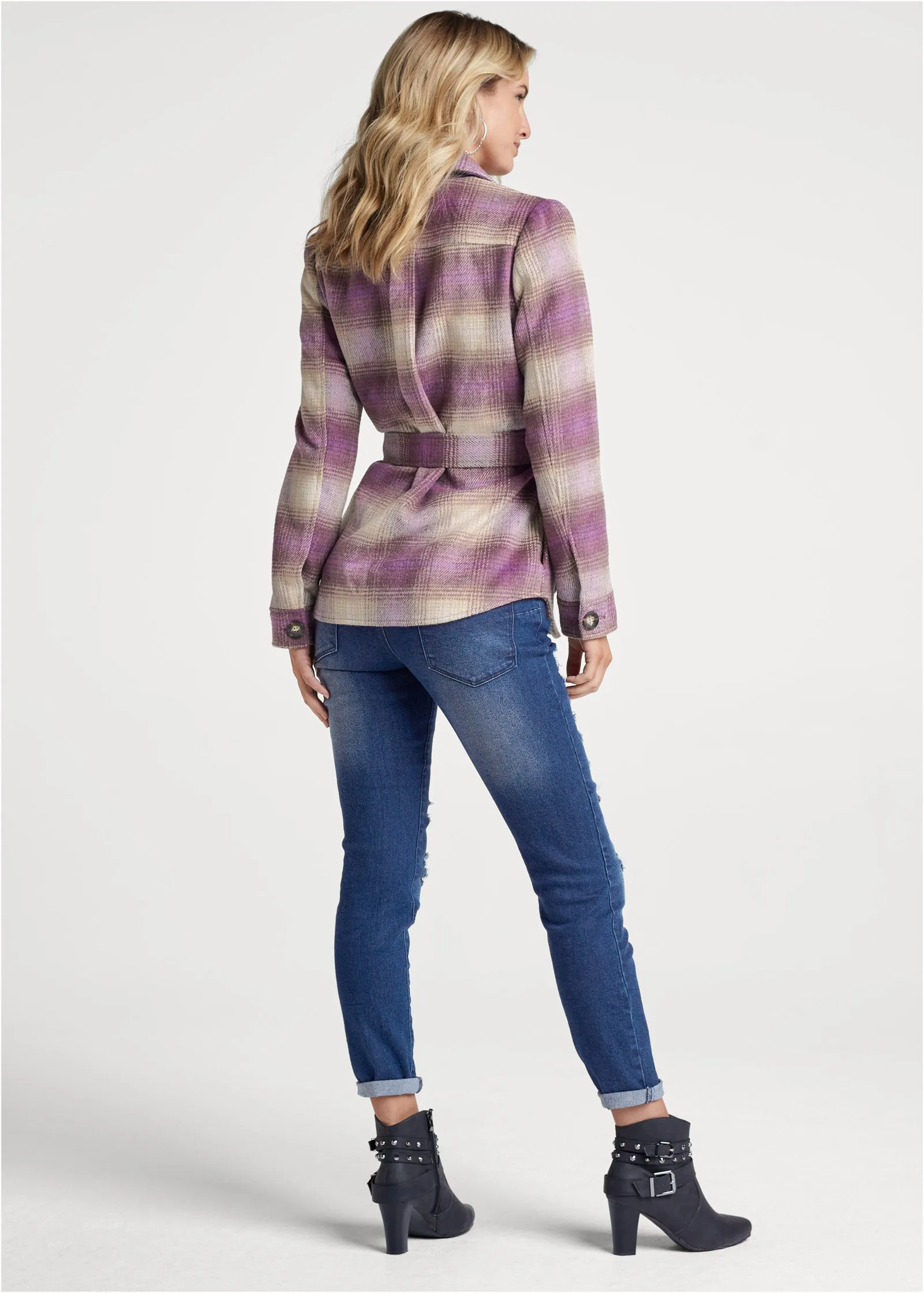 Plaid Shacket With Belt - Purple Multi