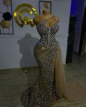 Plus Size Arabic Aso Ebi Gold Luxurious Mermaid Prom Dresses Beaded Crystals Evening Formal Party Second Reception Birthday Engagement Gowns Dresses