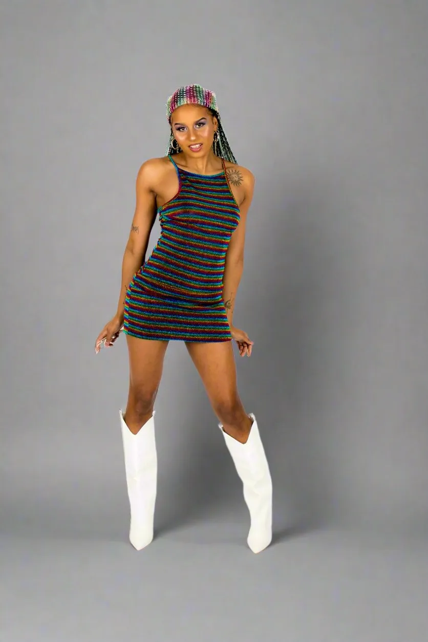 Rainbow Mesh 90s Style Mini Dress