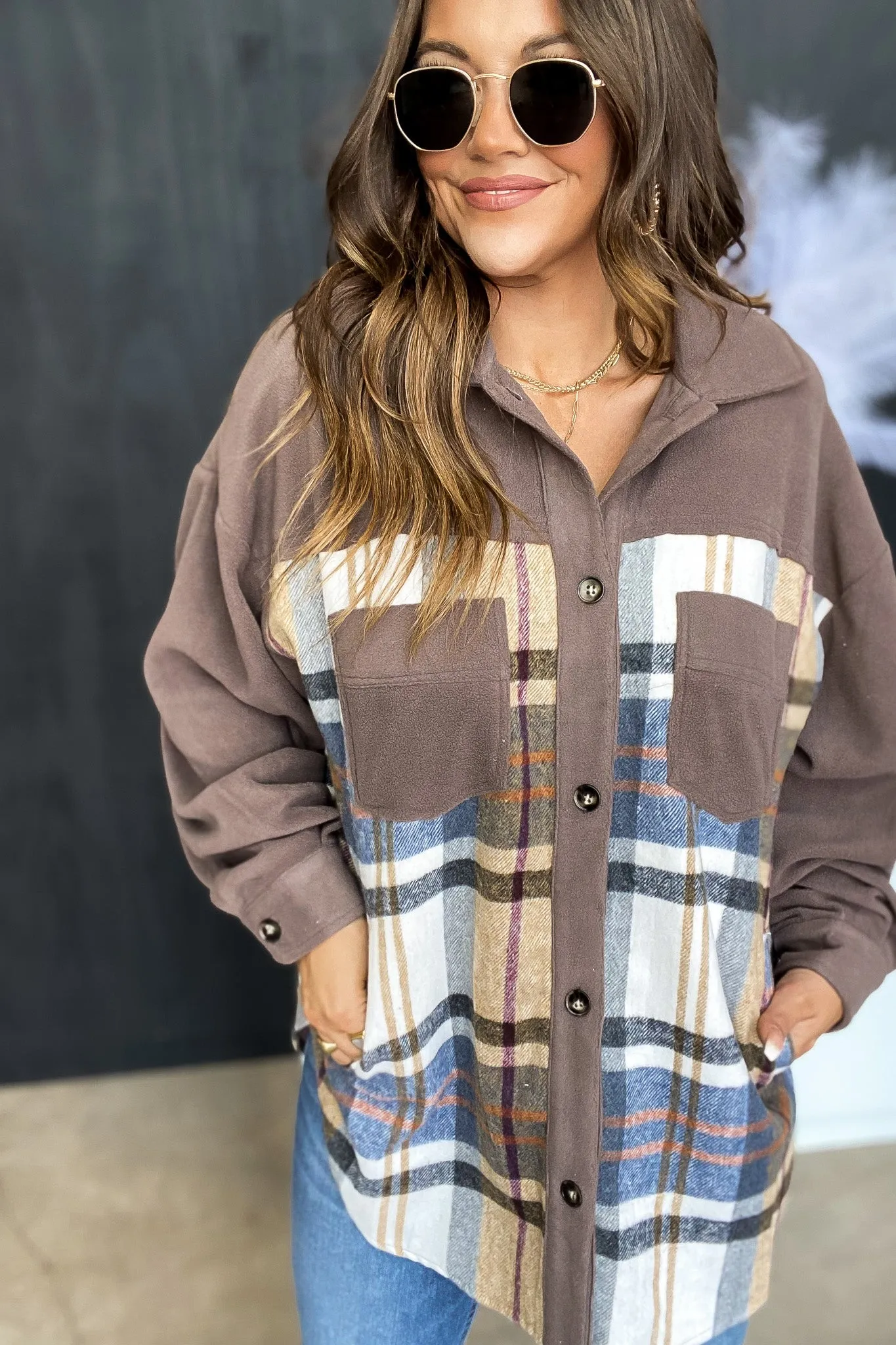 Rock It Any Day Mocha Plaid Fleece Shacket
