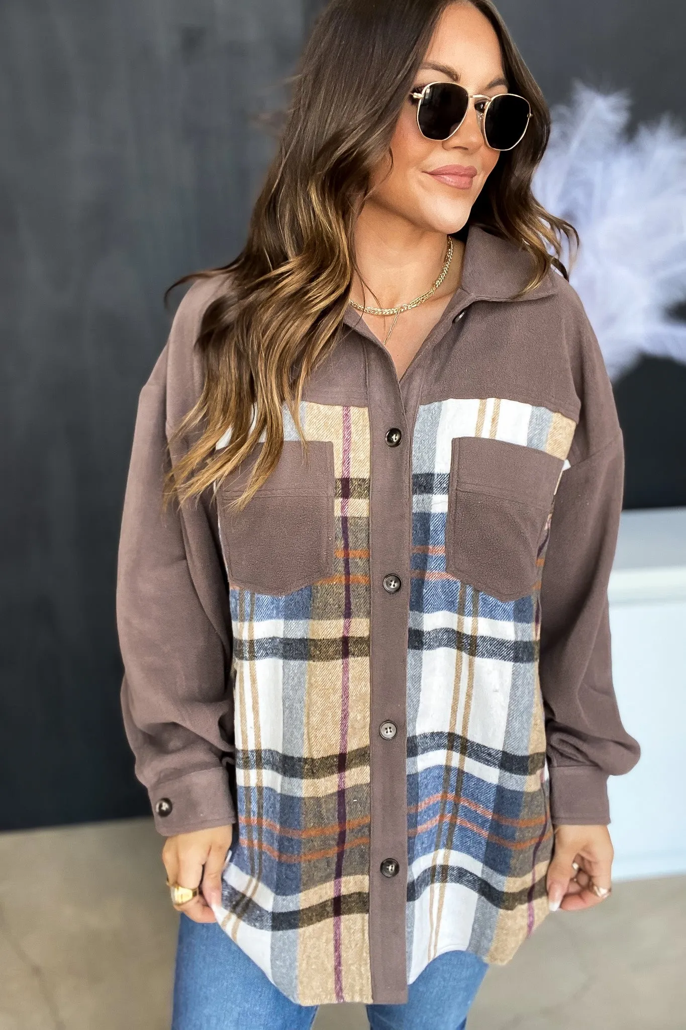 Rock It Any Day Mocha Plaid Fleece Shacket