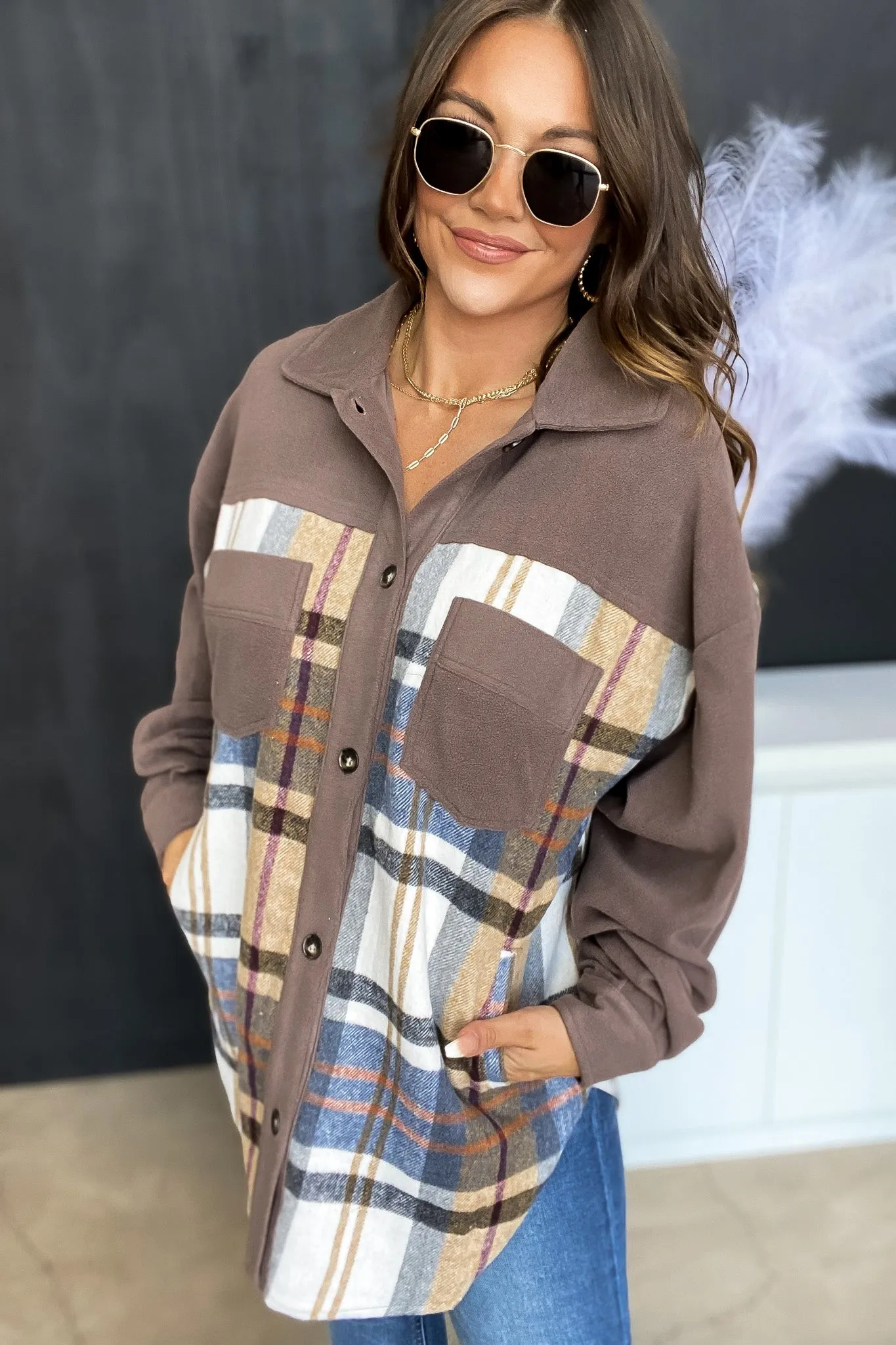 Rock It Any Day Mocha Plaid Fleece Shacket