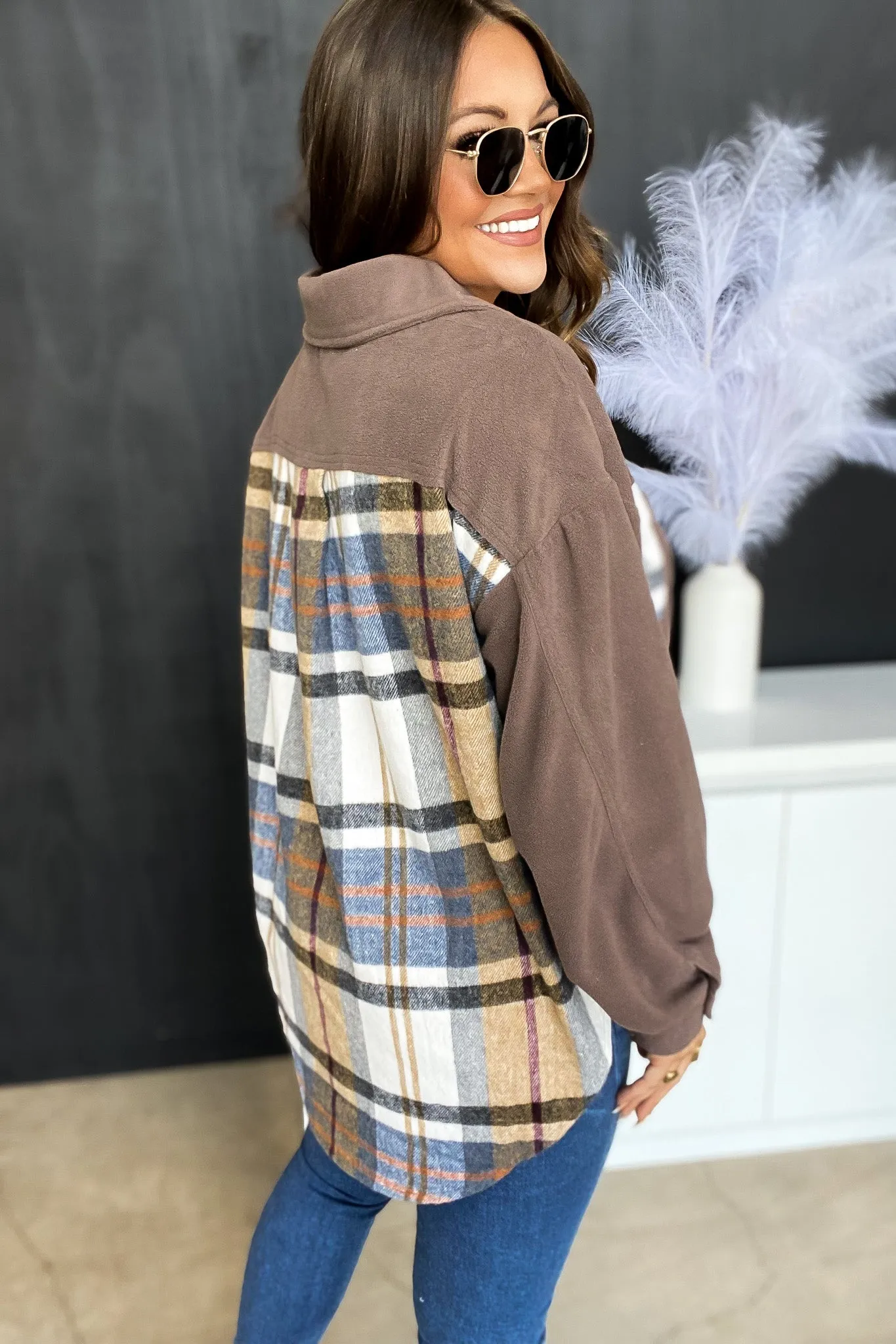 Rock It Any Day Mocha Plaid Fleece Shacket