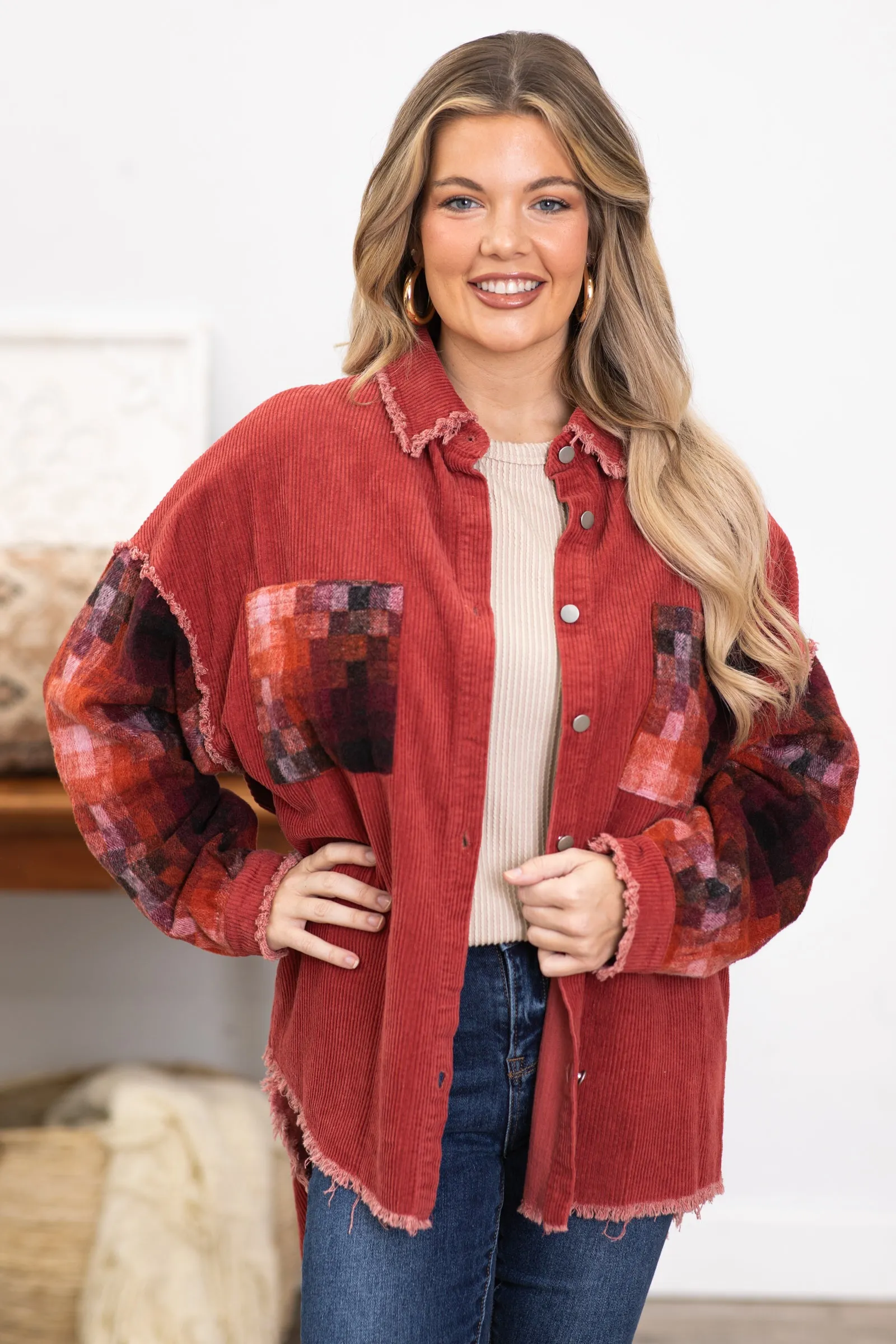 Rust Shacket With Multicolor Geo Print Sleeves
