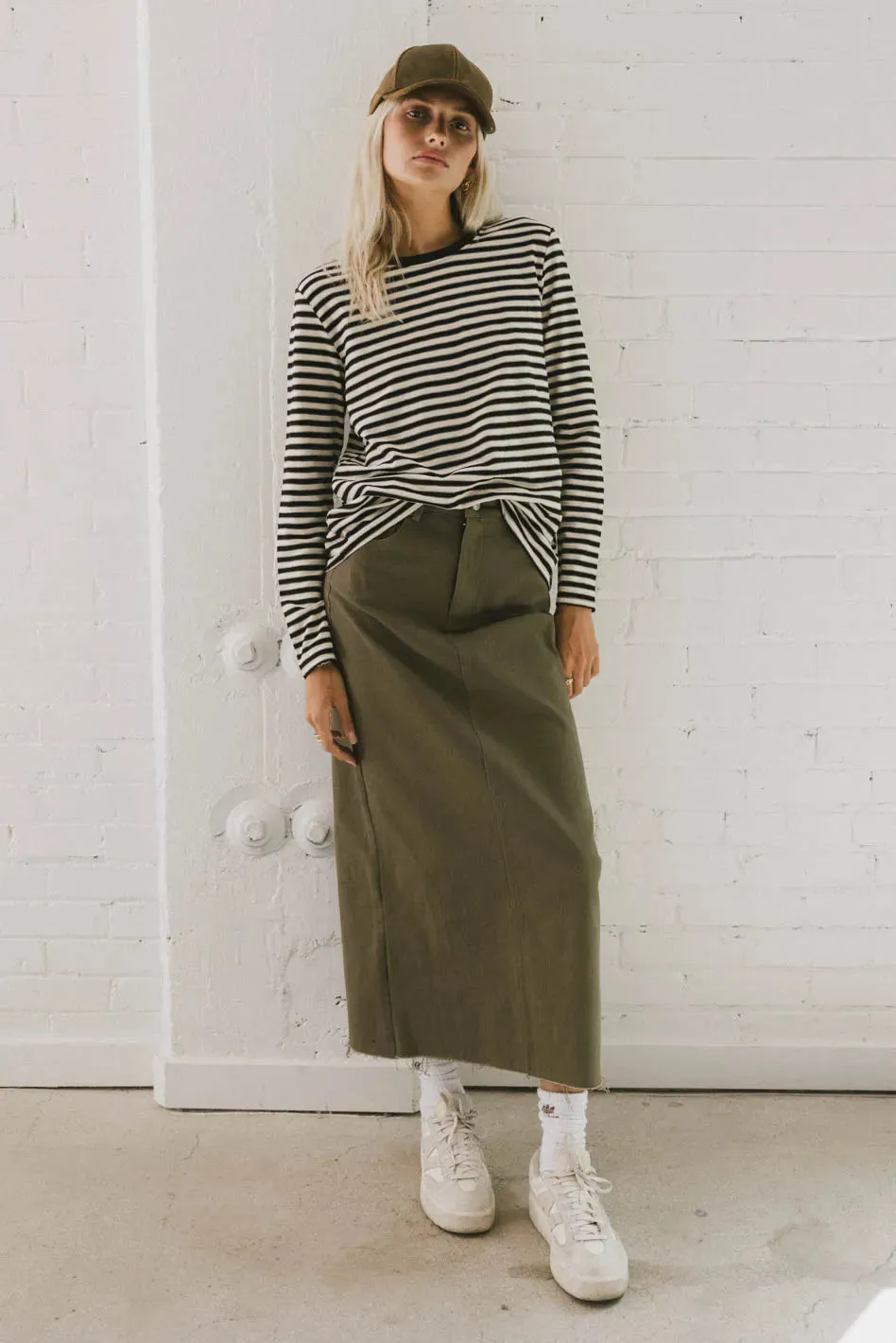 Rylie Denim Maxi Skirt in Olive