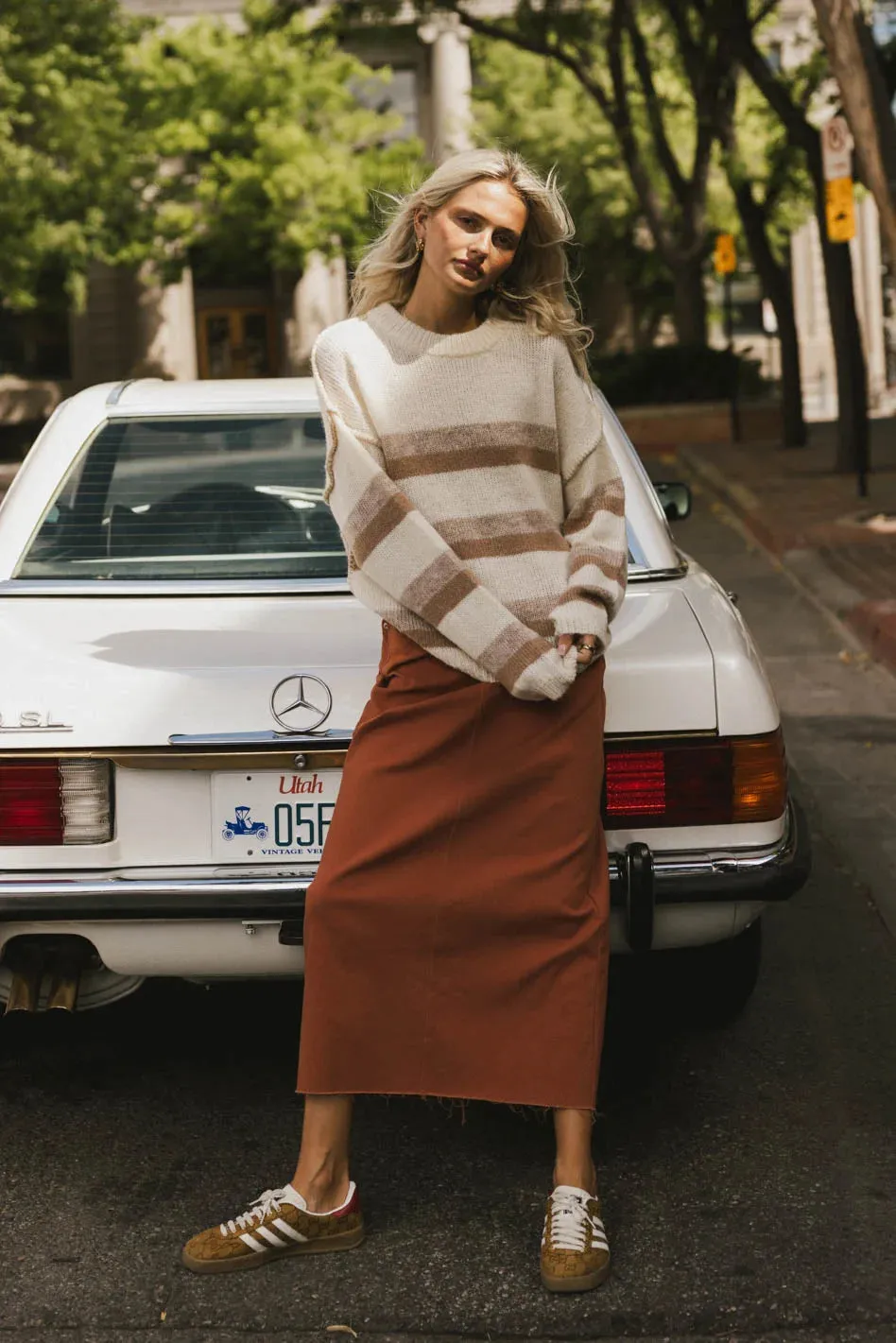Rylie Denim Maxi Skirt in Rust