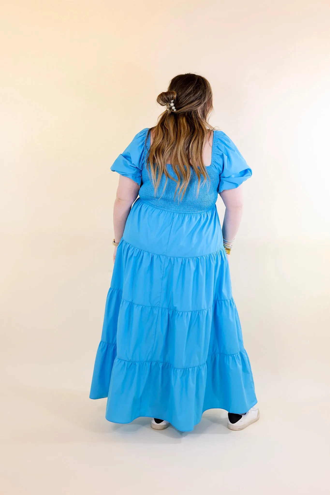 Santorini Sunshine Short Balloon Sleeve Maxi Dress in Blue