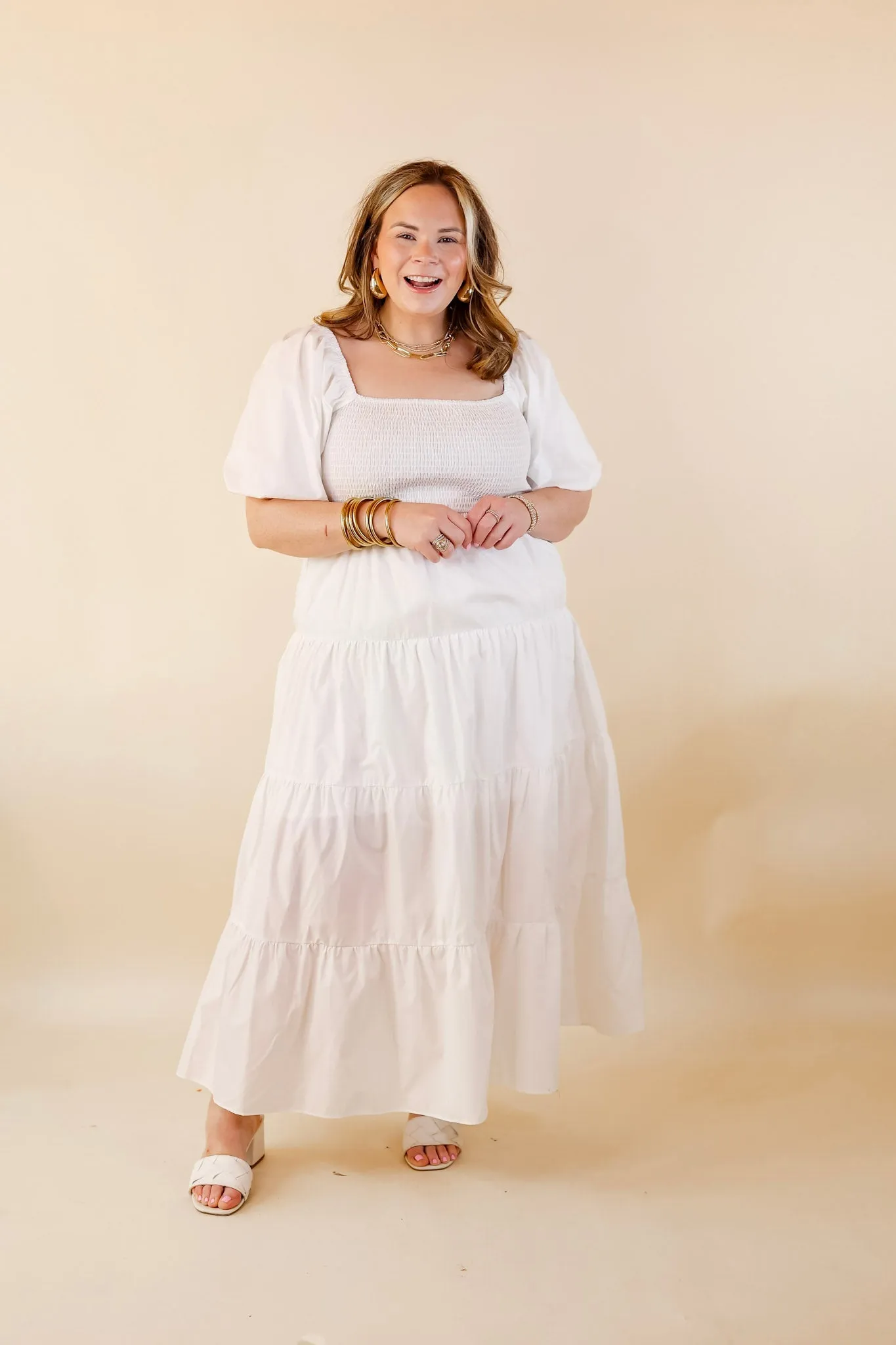 Santorini Sunshine Short Balloon Sleeve Maxi Dress in White