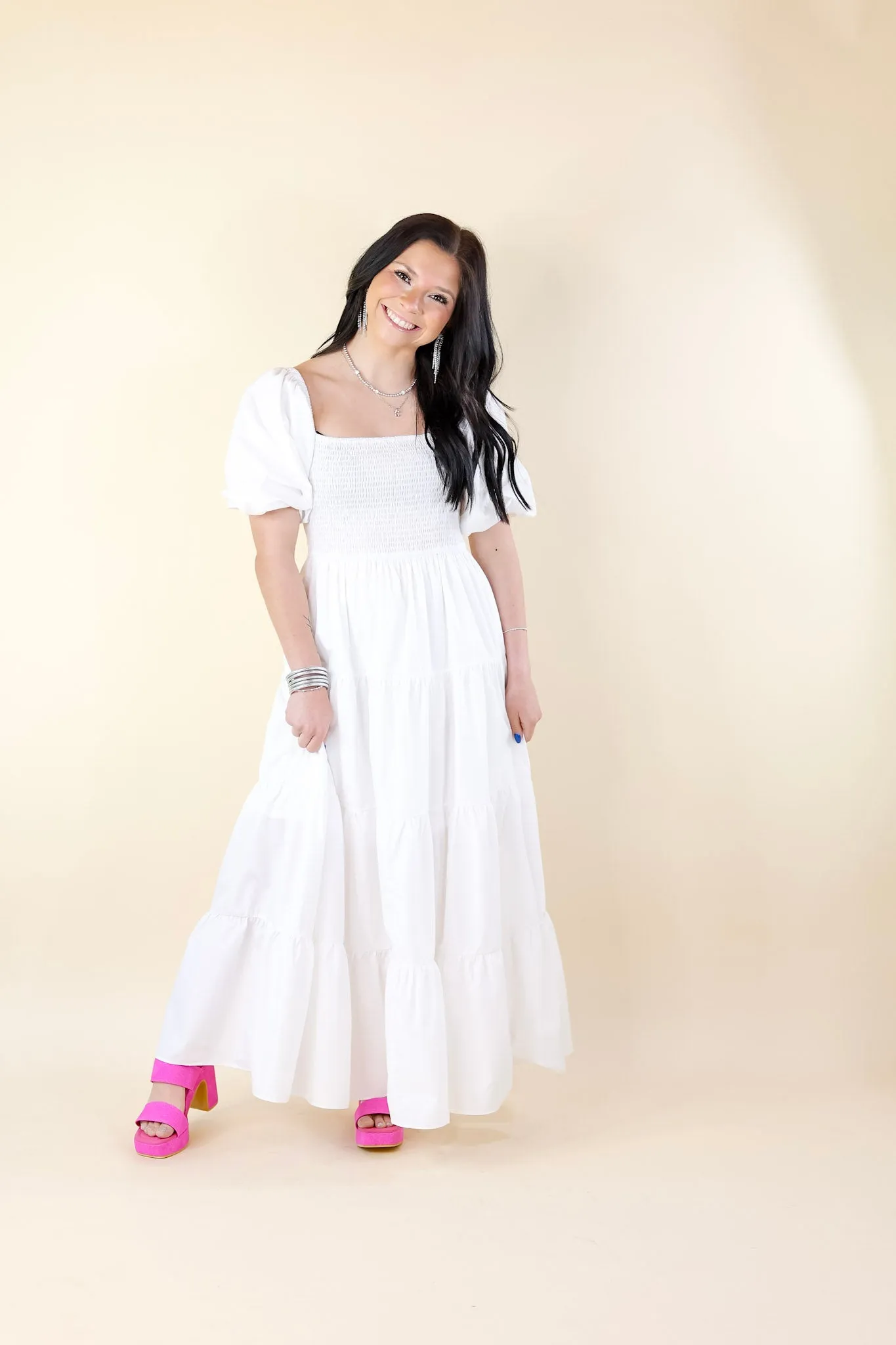 Santorini Sunshine Short Balloon Sleeve Maxi Dress in White