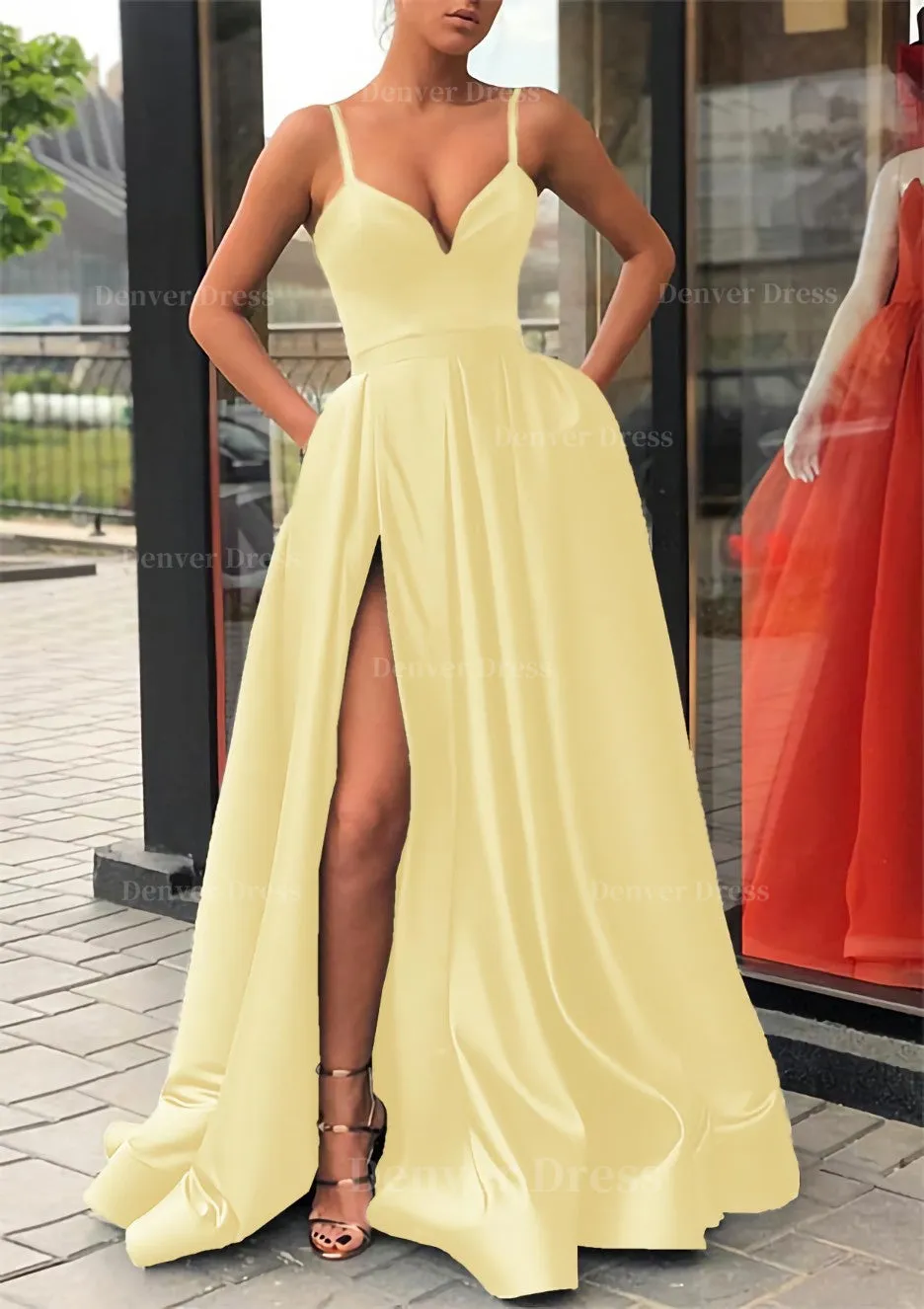 Satin Prom Dress A-line/Princess Long/Floor-Length Sleeveless With Split Pockets