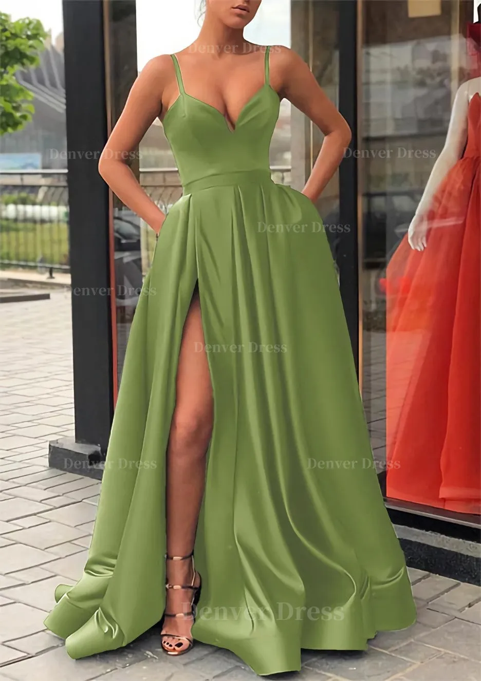 Satin Prom Dress A-line/Princess Long/Floor-Length Sleeveless With Split Pockets