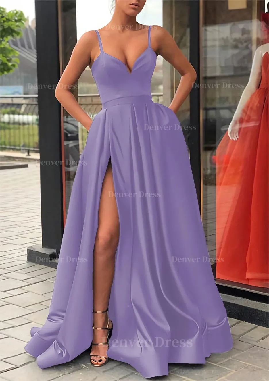 Satin Prom Dress A-line/Princess Long/Floor-Length Sleeveless With Split Pockets