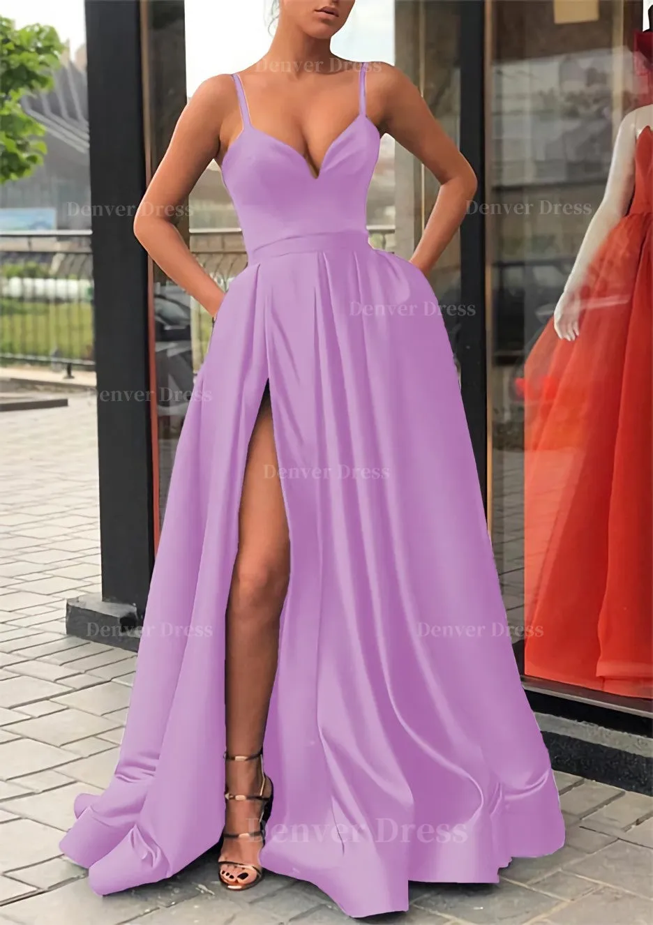 Satin Prom Dress A-line/Princess Long/Floor-Length Sleeveless With Split Pockets