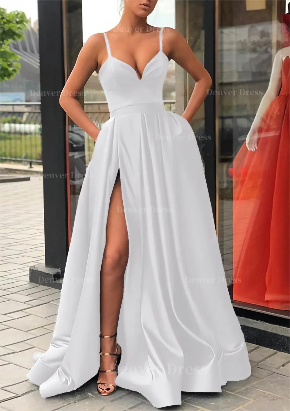 Satin Prom Dress A-line/Princess Long/Floor-Length Sleeveless With Split Pockets