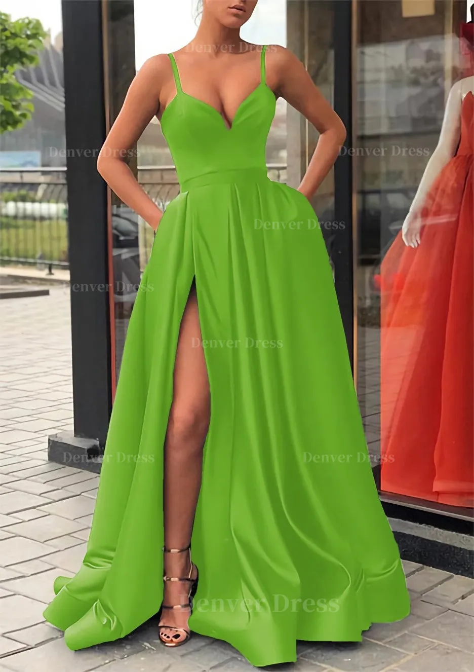 Satin Prom Dress A-line/Princess Long/Floor-Length Sleeveless With Split Pockets