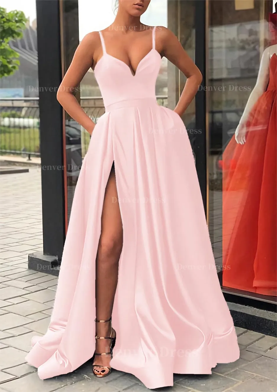 Satin Prom Dress A-line/Princess Long/Floor-Length Sleeveless With Split Pockets