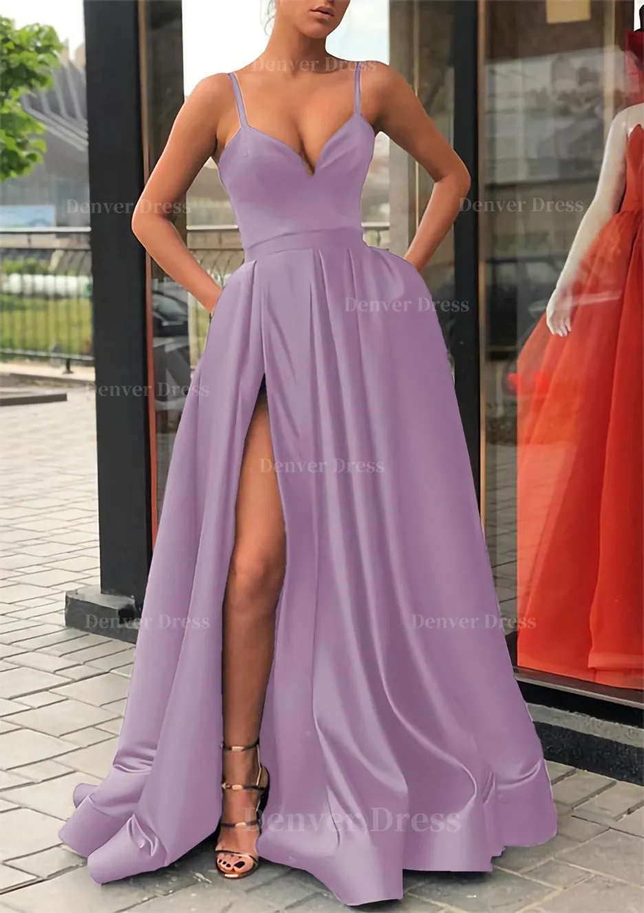 Satin Prom Dress A-line/Princess Long/Floor-Length Sleeveless With Split Pockets