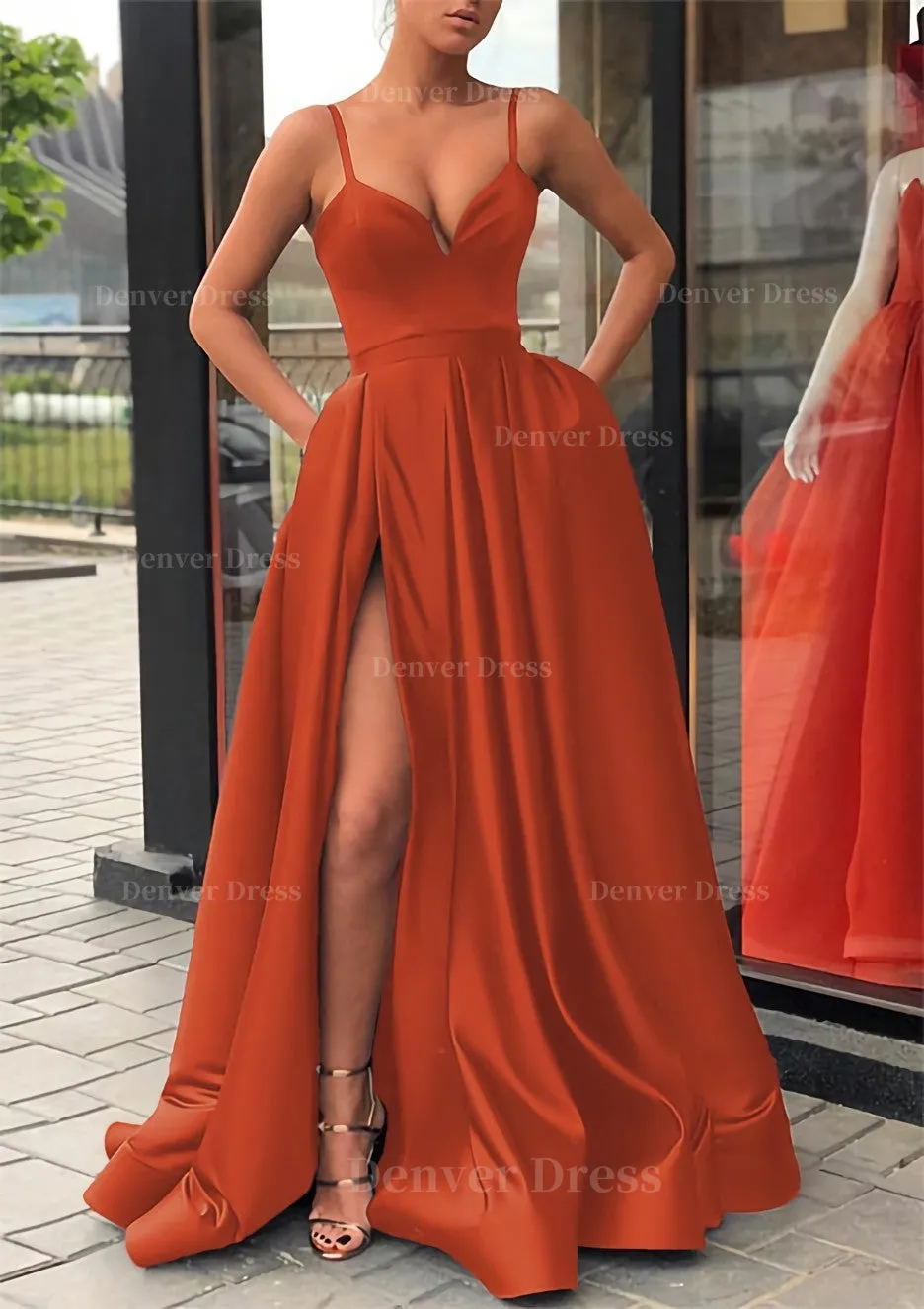 Satin Prom Dress A-line/Princess Long/Floor-Length Sleeveless With Split Pockets