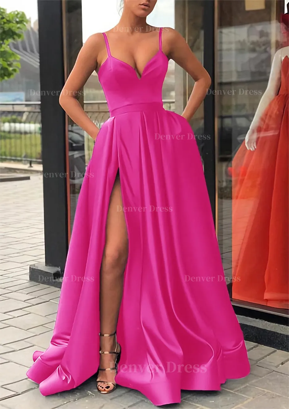 Satin Prom Dress A-line/Princess Long/Floor-Length Sleeveless With Split Pockets