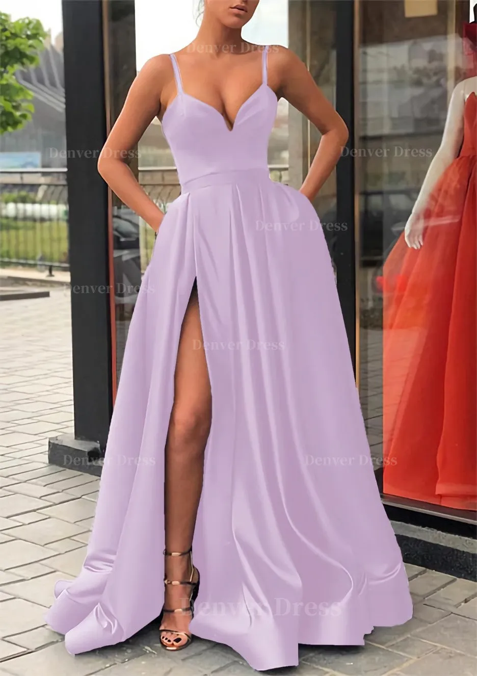 Satin Prom Dress A-line/Princess Long/Floor-Length Sleeveless With Split Pockets