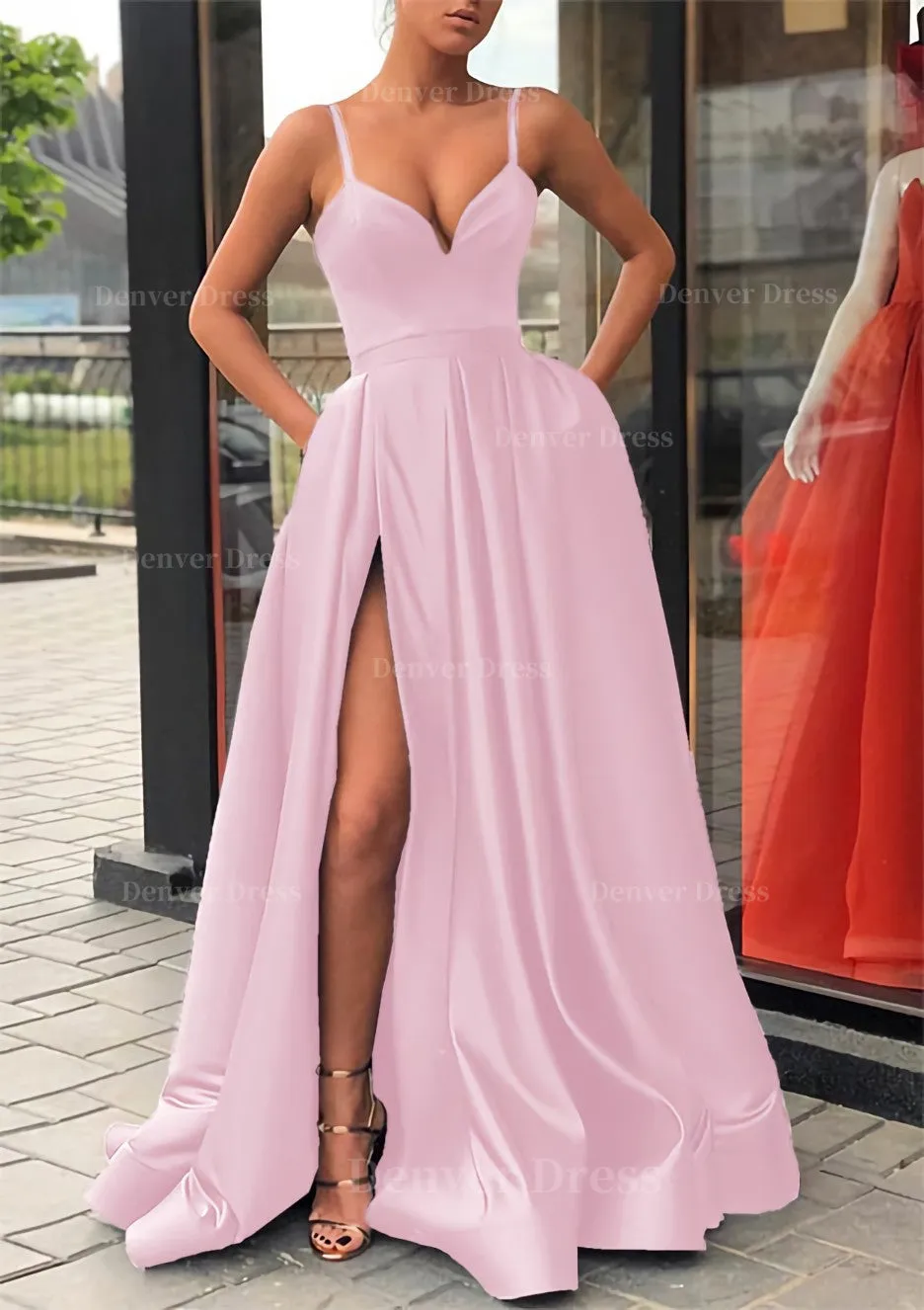 Satin Prom Dress A-line/Princess Long/Floor-Length Sleeveless With Split Pockets