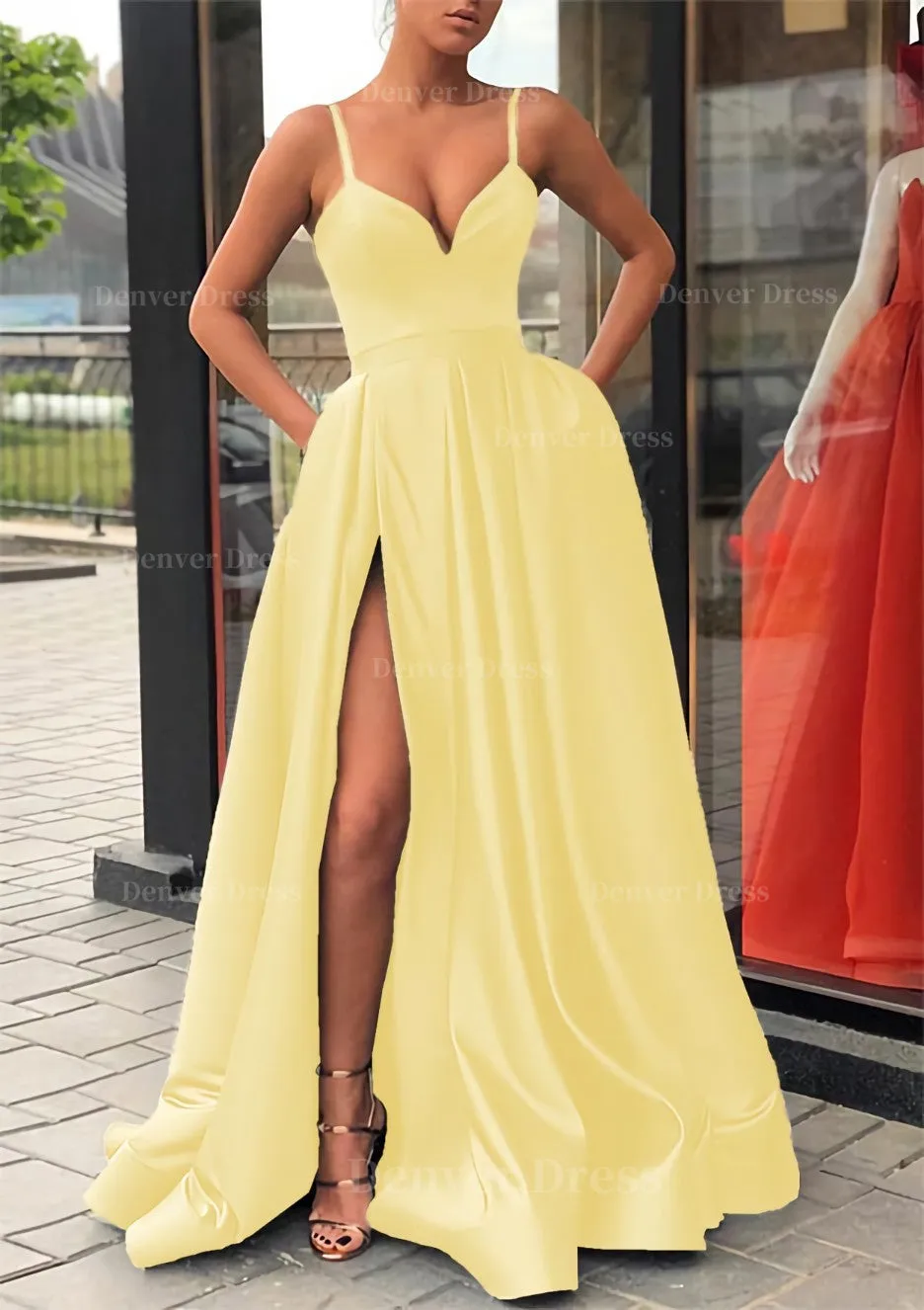 Satin Prom Dress A-line/Princess Long/Floor-Length Sleeveless With Split Pockets