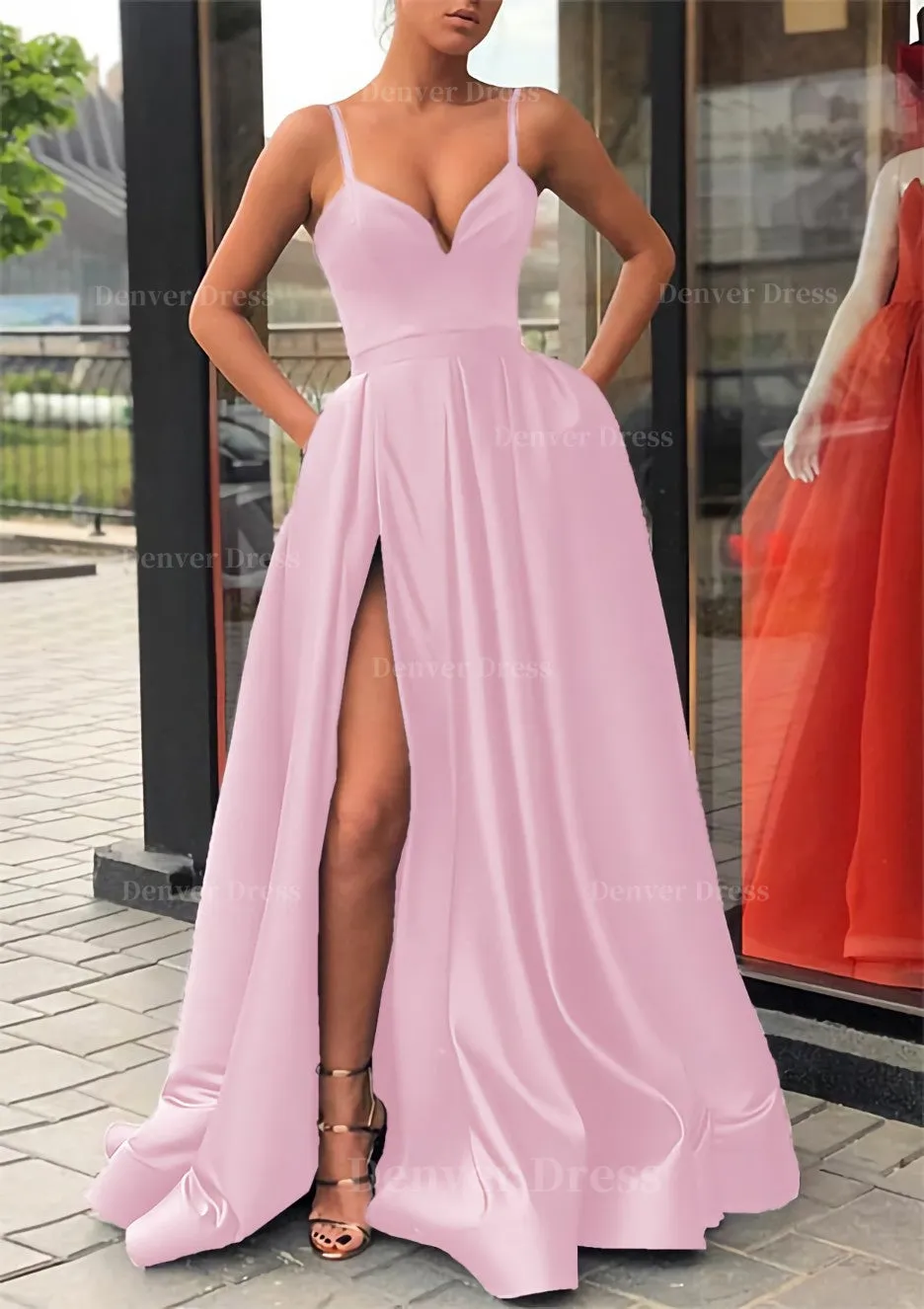 Satin Prom Dress A-line/Princess Long/Floor-Length Sleeveless With Split Pockets