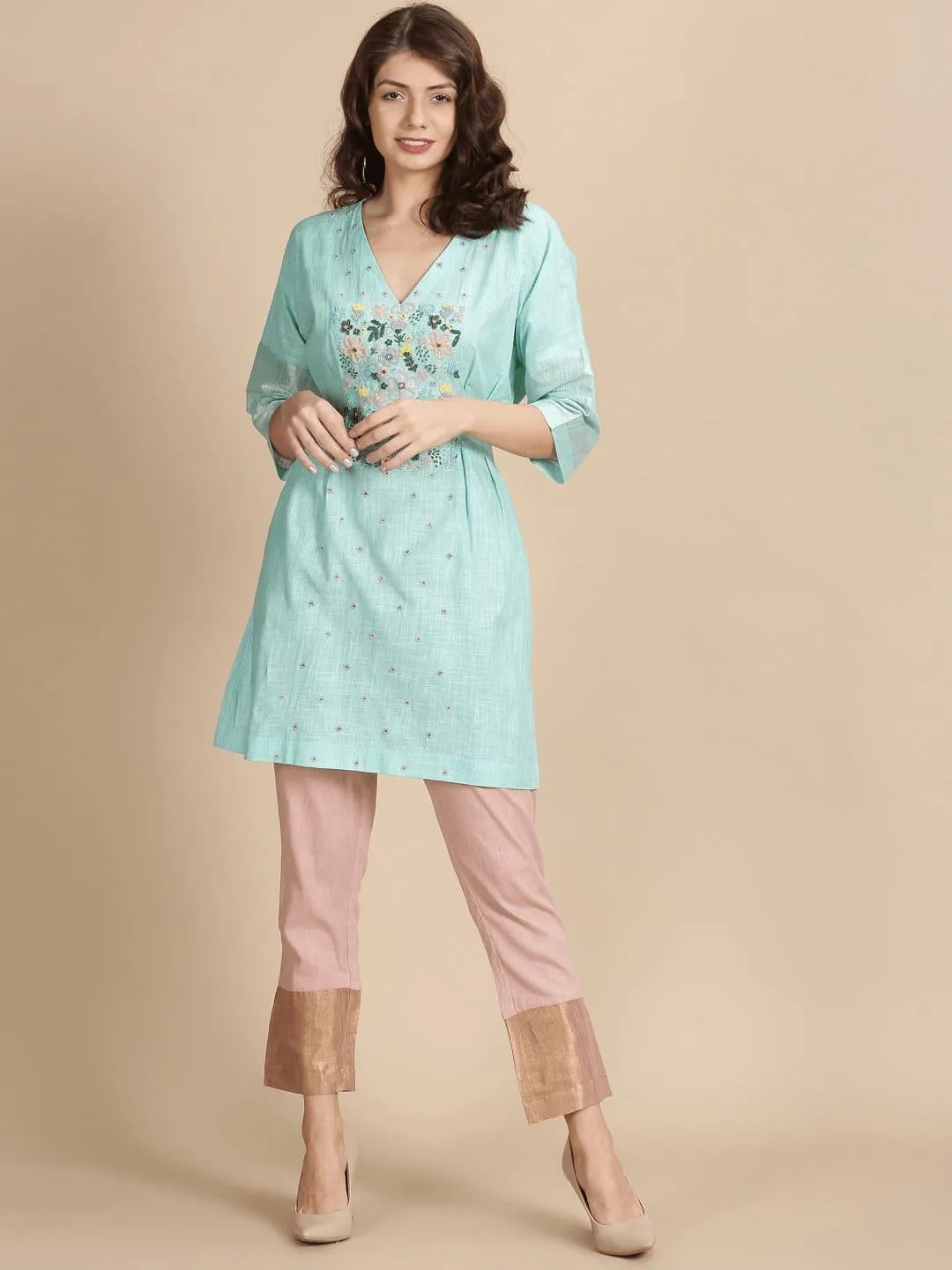 Sea Green floral Beads cluster Work kaftan dress