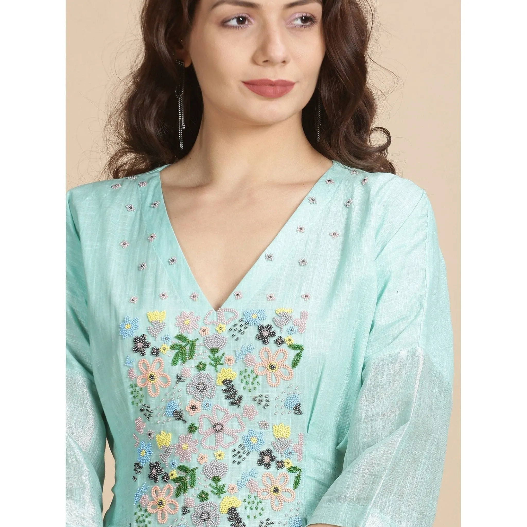 Sea Green floral Beads cluster Work kaftan dress