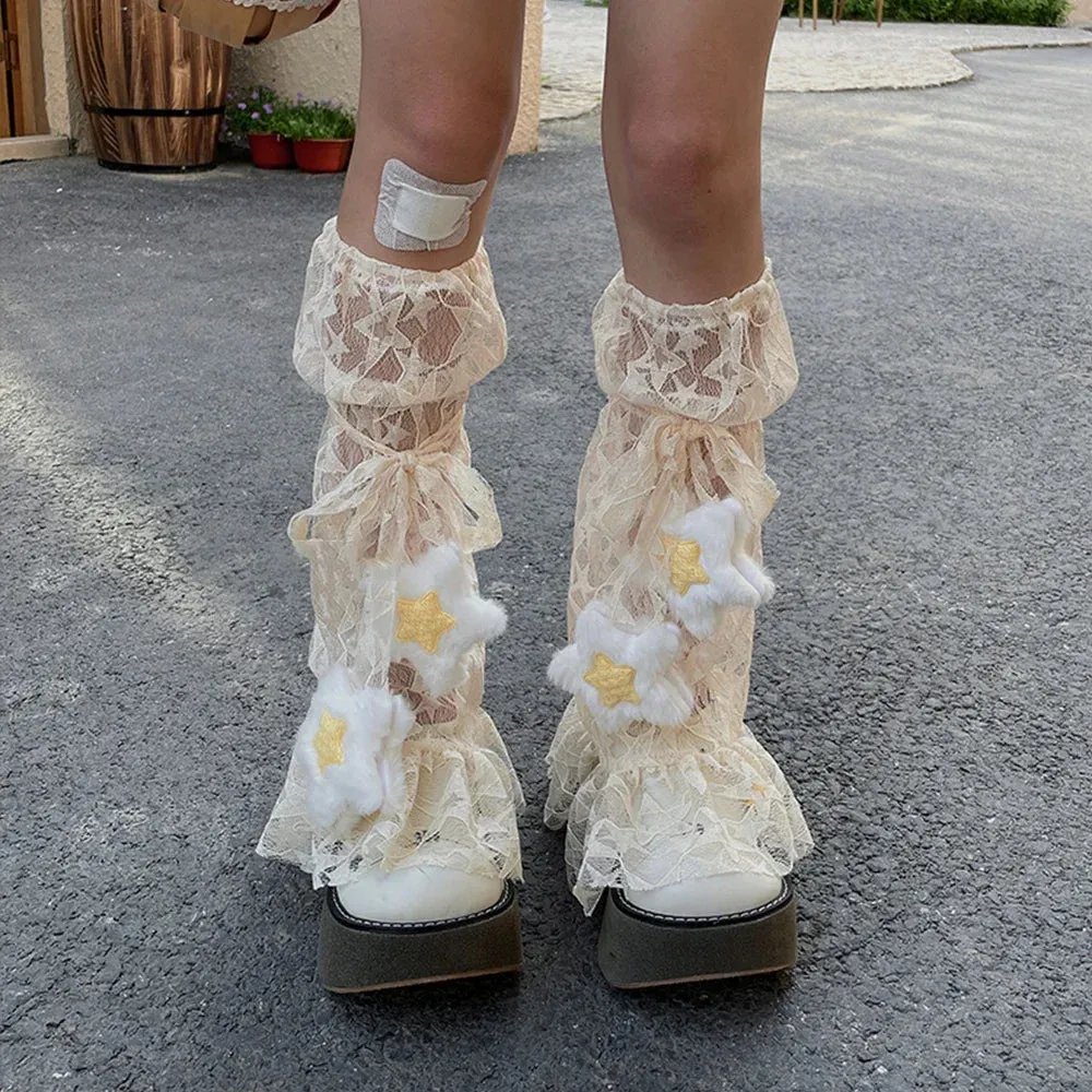Sohiwoo Y2k Sweet Lace Leg Cover Cover Plush Star Lolita Love Cute Lace Summer Thin Stockings Leg Warmers Japanese JK Accessories Sock