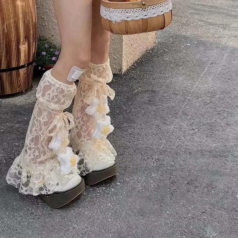 Sohiwoo Y2k Sweet Lace Leg Cover Cover Plush Star Lolita Love Cute Lace Summer Thin Stockings Leg Warmers Japanese JK Accessories Sock