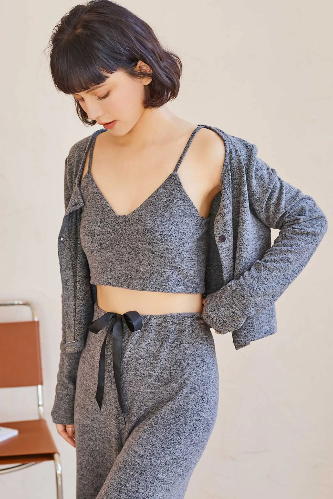 Solid Color Cardigan Long Pants Loungewear Three-piece Outfit