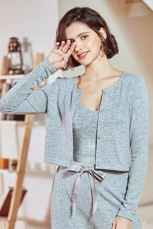 Solid Color Cardigan Long Pants Loungewear Three-piece Outfit