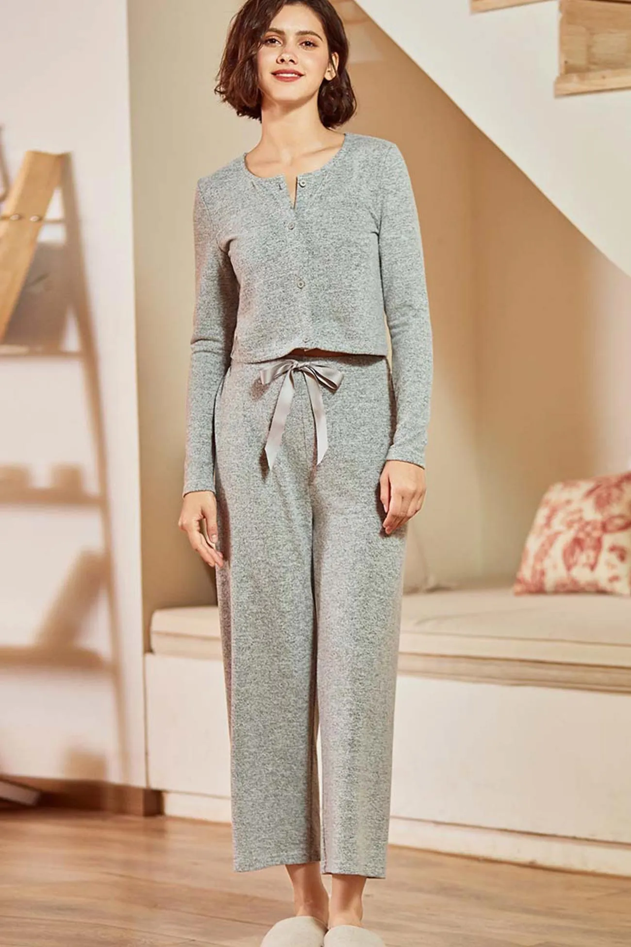 Solid Color Cardigan Long Pants Loungewear Three-piece Outfit