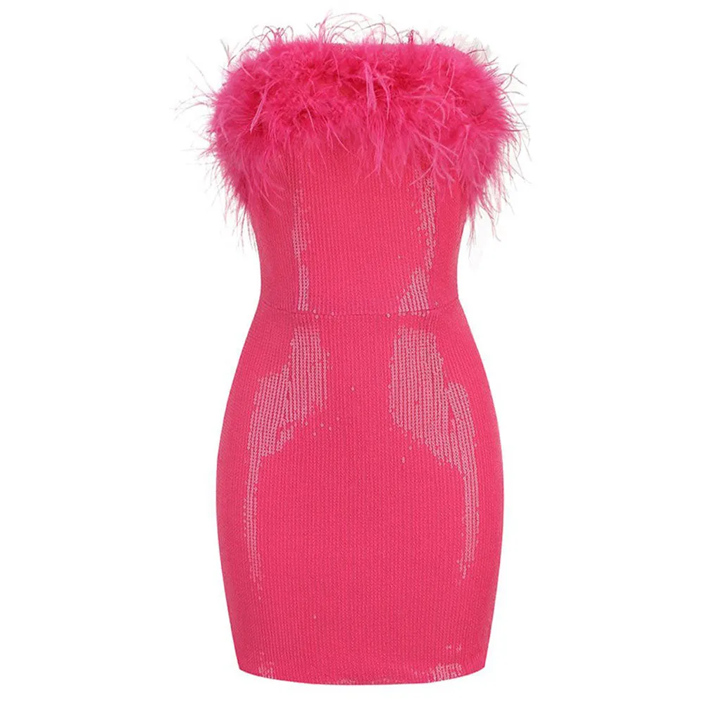 Sparkly Sequin Solid Color Feather Trim Strapless Bodycon Mini Party Dress