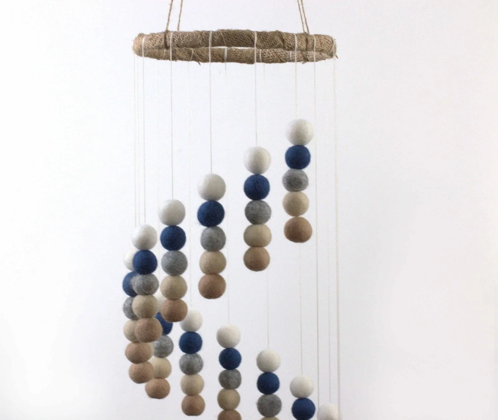 Spiral Felt Ball Mobile- Blue, Tan, Almond, Gray, White