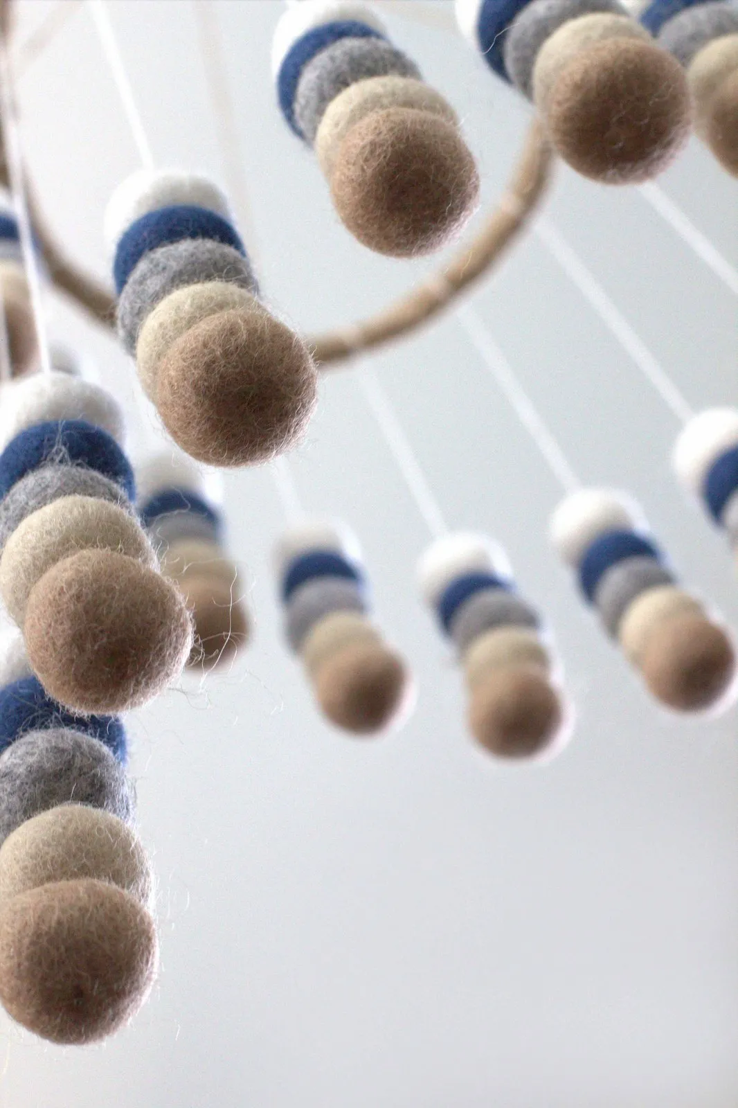 Spiral Felt Ball Mobile- Blue, Tan, Almond, Gray, White