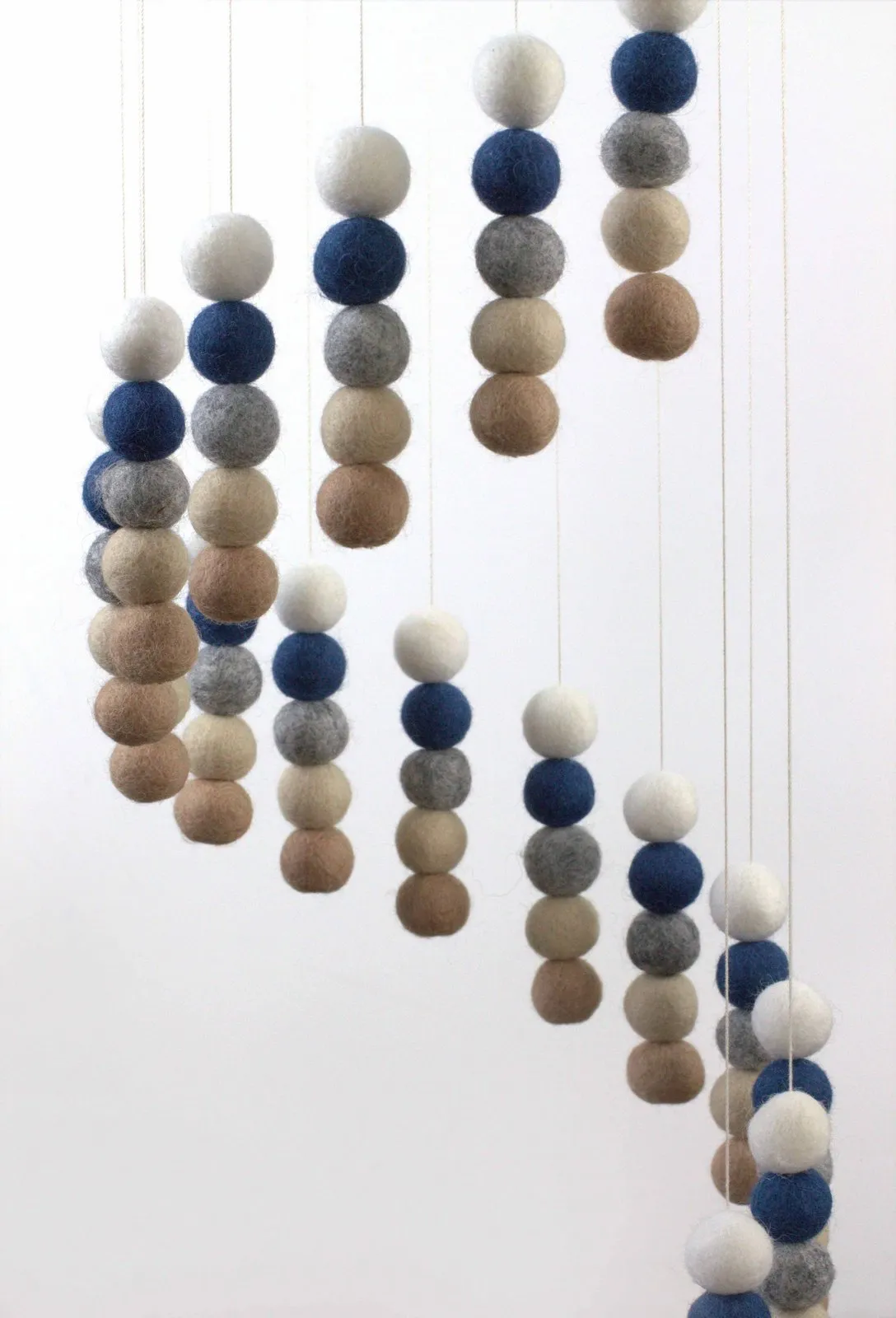 Spiral Felt Ball Mobile- Blue, Tan, Almond, Gray, White