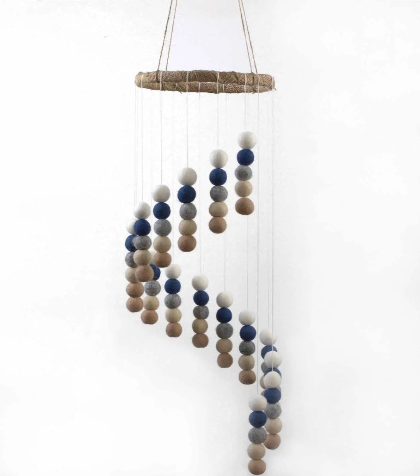 Spiral Felt Ball Mobile- Blue, Tan, Almond, Gray, White
