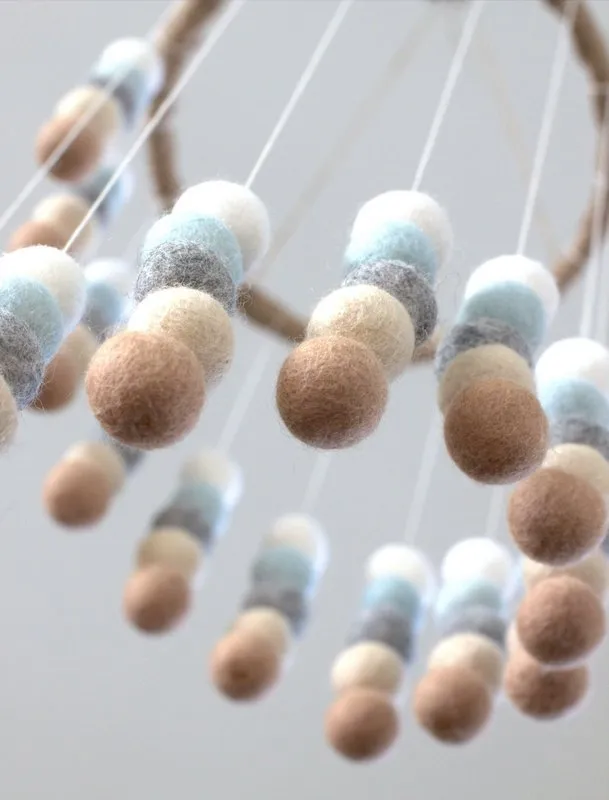 Spiral Felt Ball Mobile- Ice Blue, Tan, Almond, Gray, White