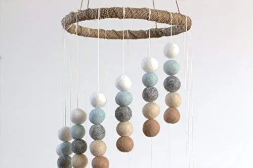 Spiral Felt Ball Mobile- Ice Blue, Tan, Almond, Gray, White