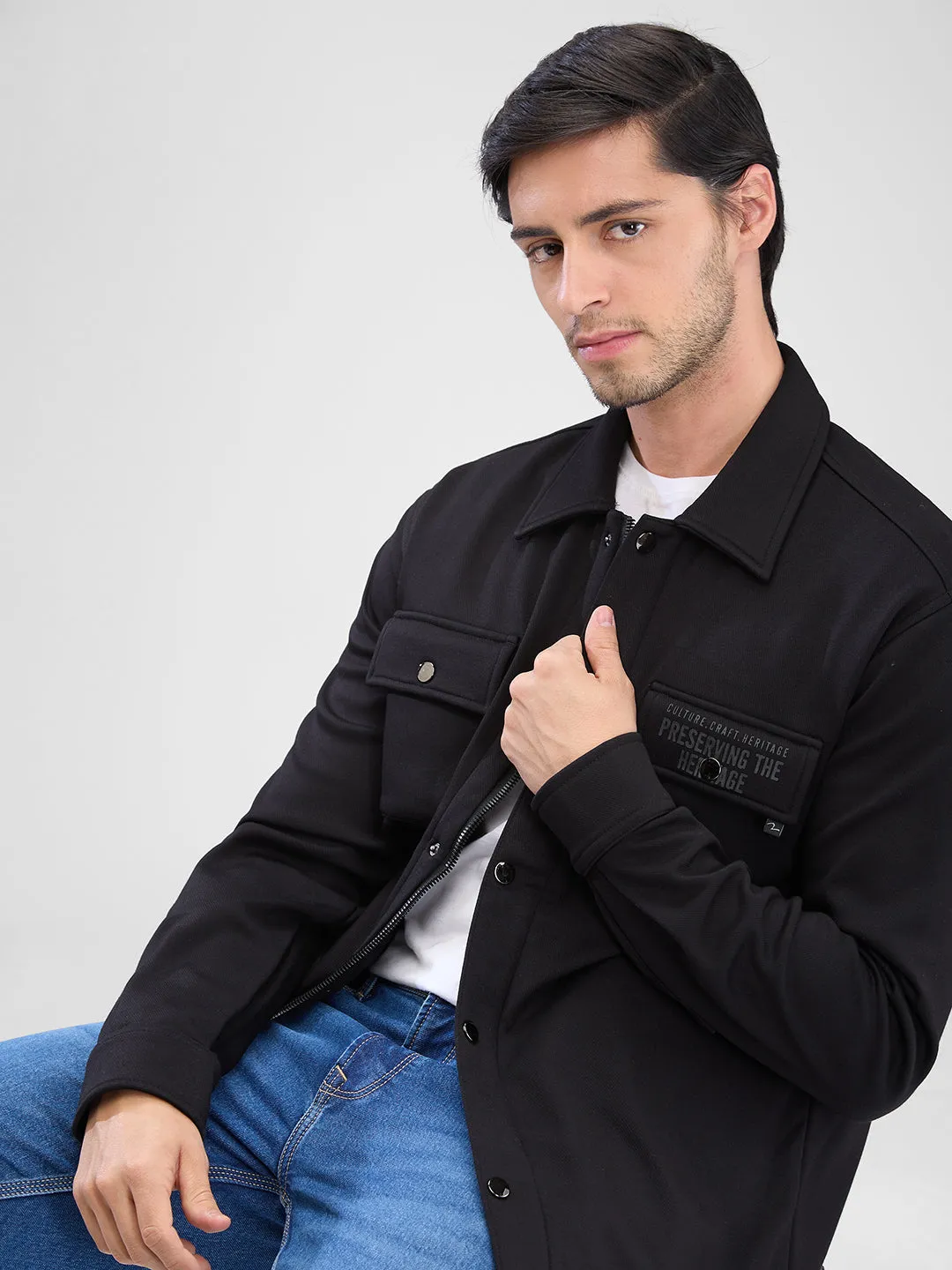 Spykar Black Cotton Polyester Full Sleeve Shacket For Men