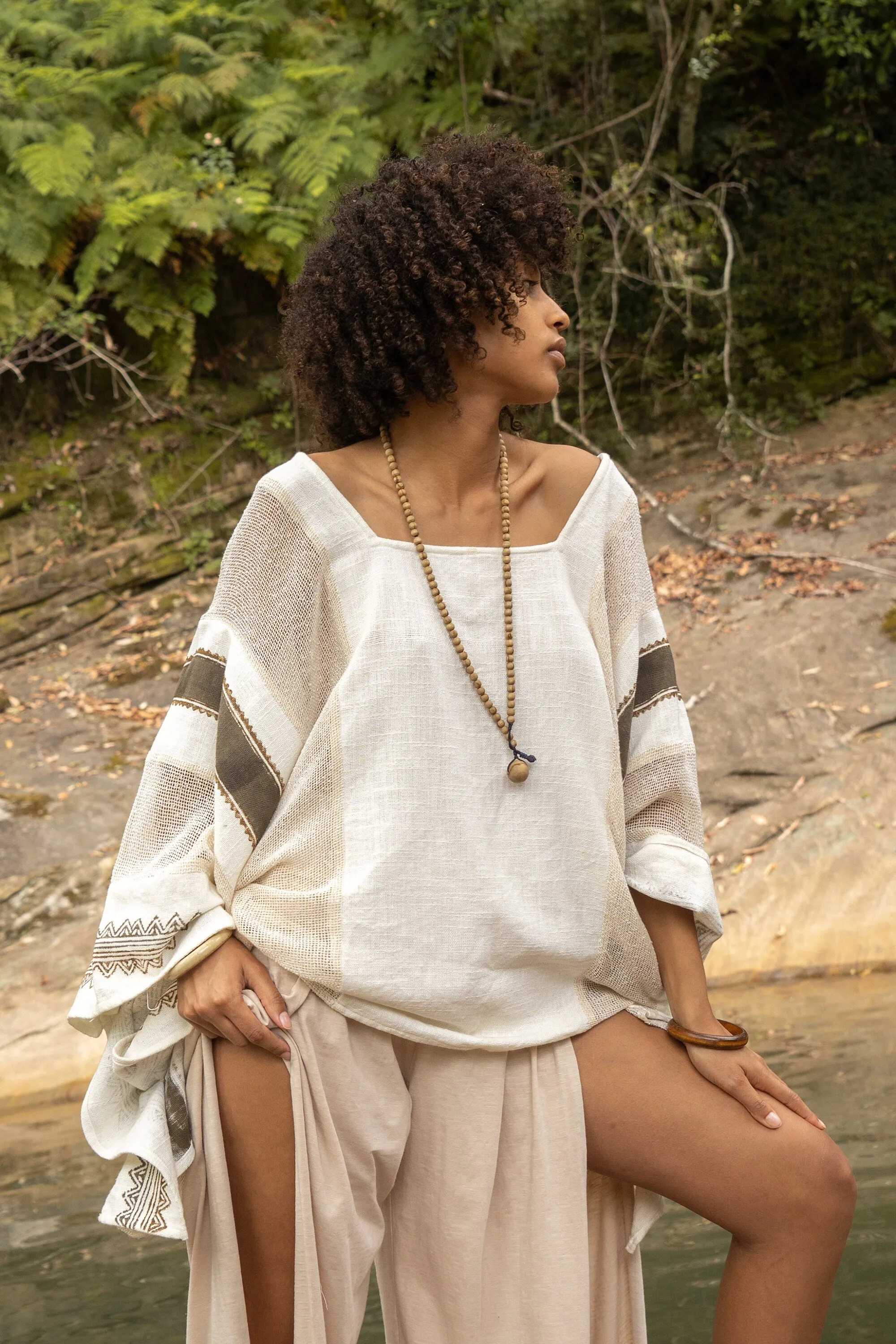 TAIKI Womens Light Beige Cream Poncho Cotton Top Kaftan Boho Block Printed Natural Dye Pattern Festival Bohemian Hippie Collarbone AJJAYA